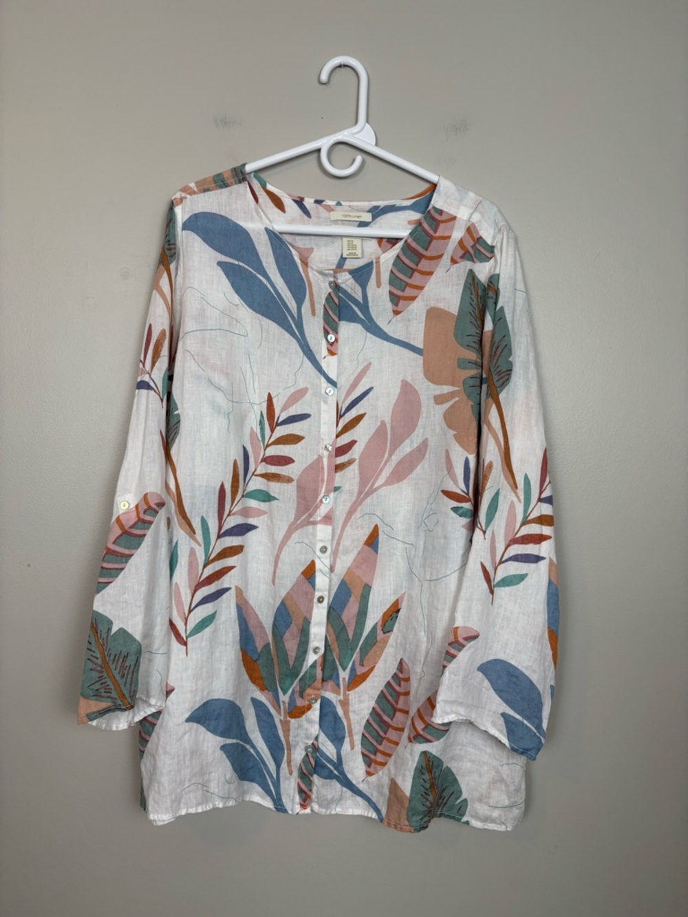 Cynthia Rowley Top Womens 2X White Multi Floral Roll Tab Linen Button Front
